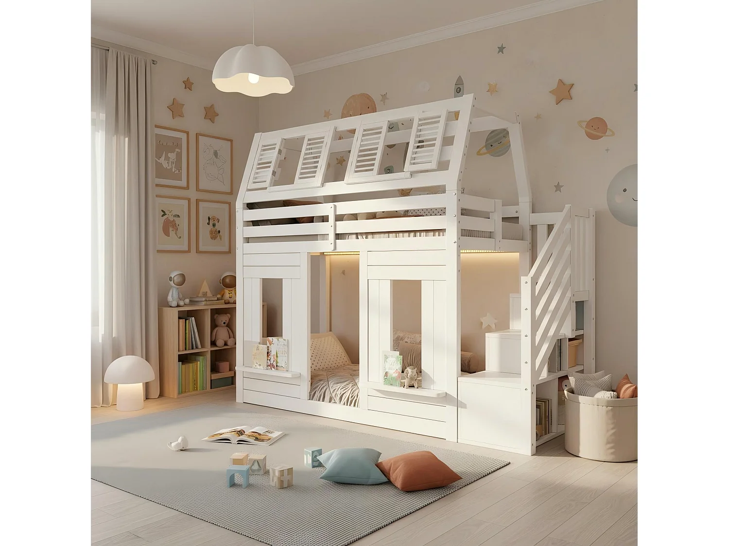 Lit superposé pour enfant - 2 x 90 x 200 cm - avec Leds + escalier de rangement - forme fenêtre - bois - blanc