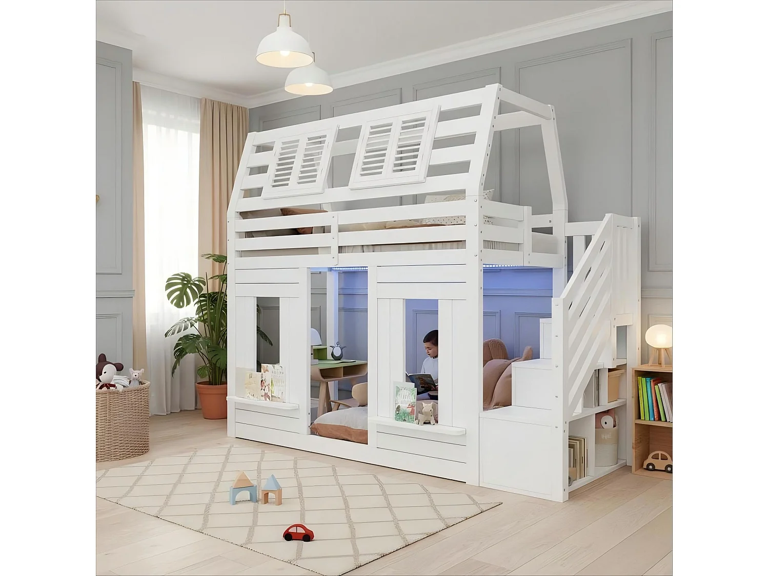 Lit superposé pour enfant - 2 x 90 x 200 cm - avec Leds + escalier de rangement - forme fenêtre - bois - blanc