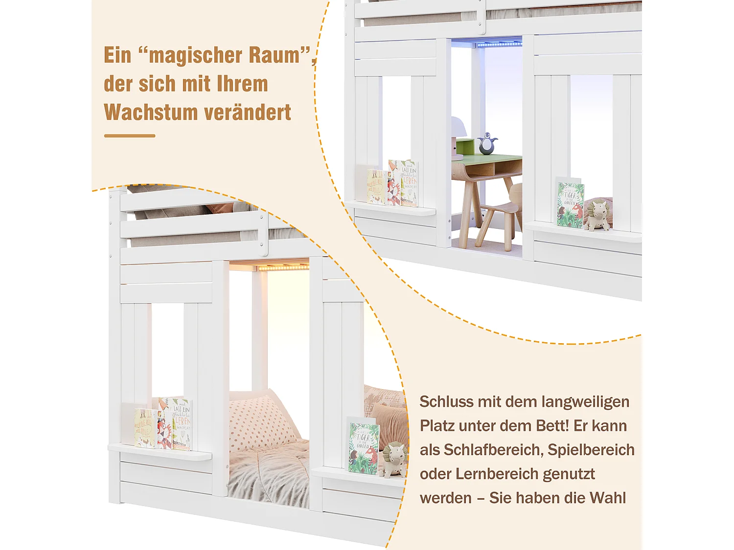 Lit superposé pour enfant - 2 x 90 x 200 cm - avec Leds + escalier de rangement - forme fenêtre - bois - blanc