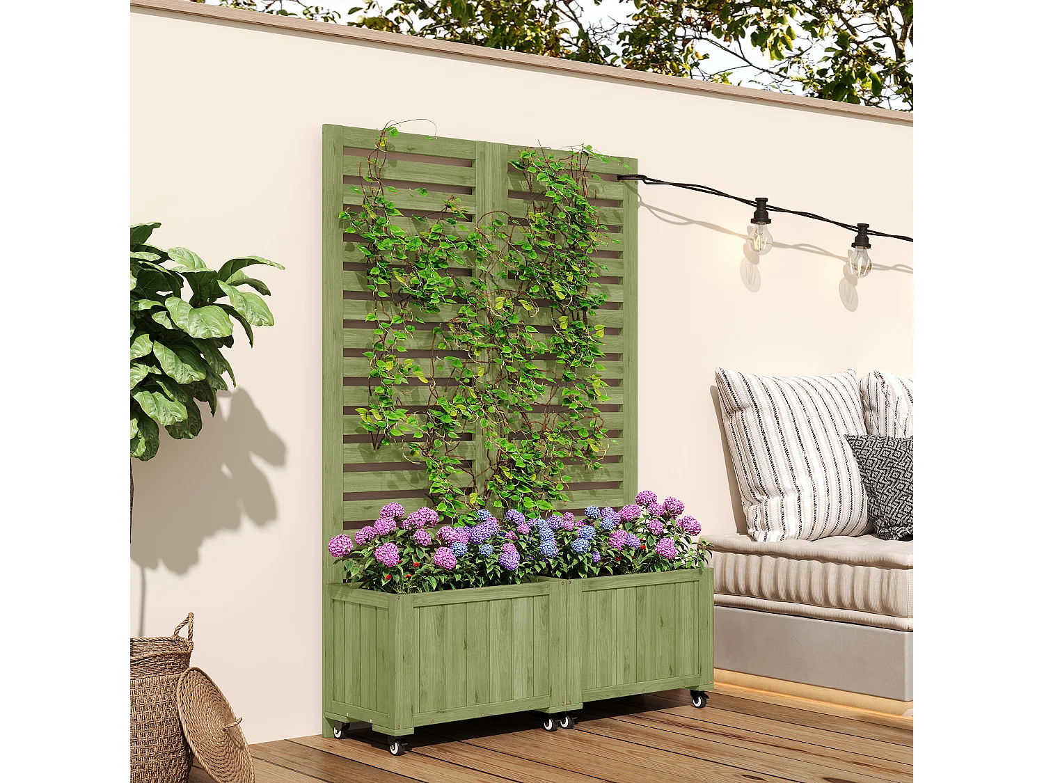 Pflanzkasten mit Rankgitter für Kletterpflanzen – 102,5 x 32 x 152,5 cm – mit klappbaren Rollen – Holz – grün