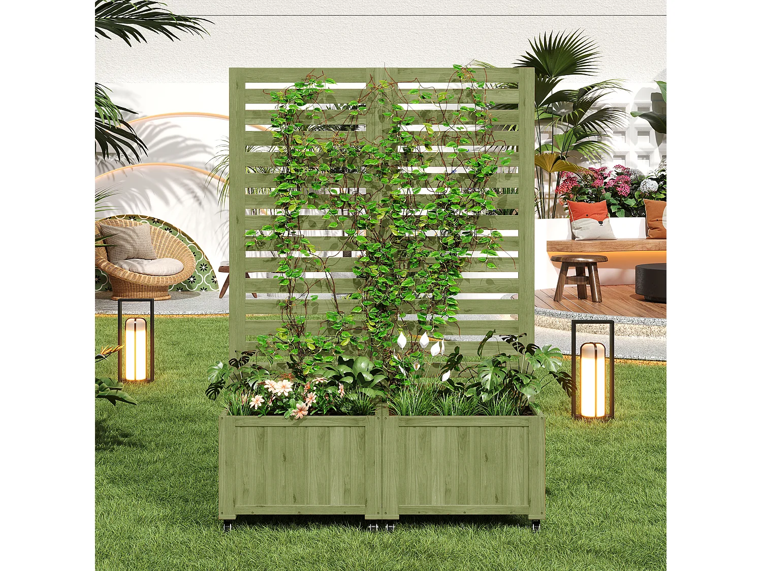 Pflanzkasten mit Rankgitter für Kletterpflanzen – 102,5 x 32 x 152,5 cm – mit klappbaren Rollen – Holz – grün