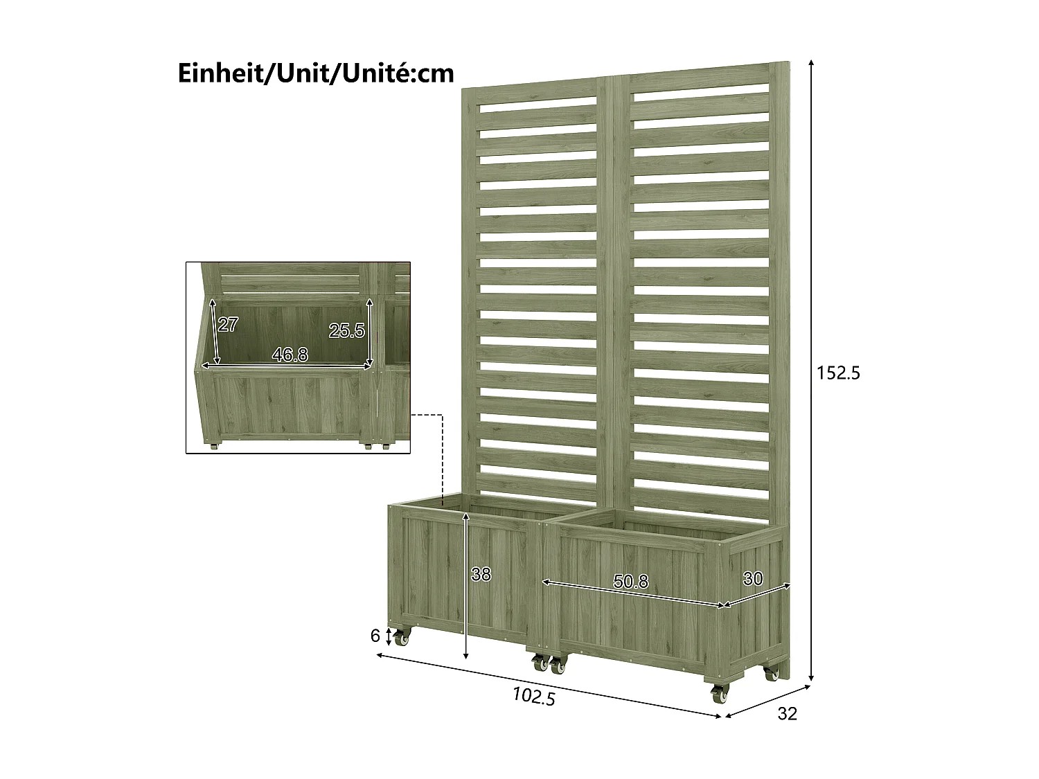 Pflanzkasten mit Rankgitter für Kletterpflanzen – 102,5 x 32 x 152,5 cm – mit klappbaren Rollen – Holz – grün