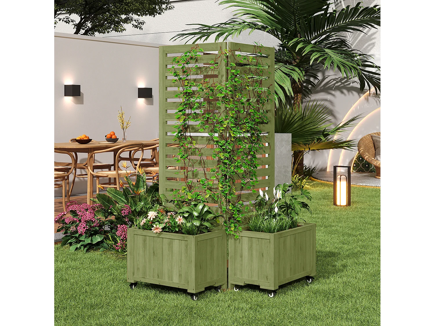 Pflanzkasten mit Rankgitter für Kletterpflanzen – 102,5 x 32 x 152,5 cm – mit klappbaren Rollen – Holz – grün