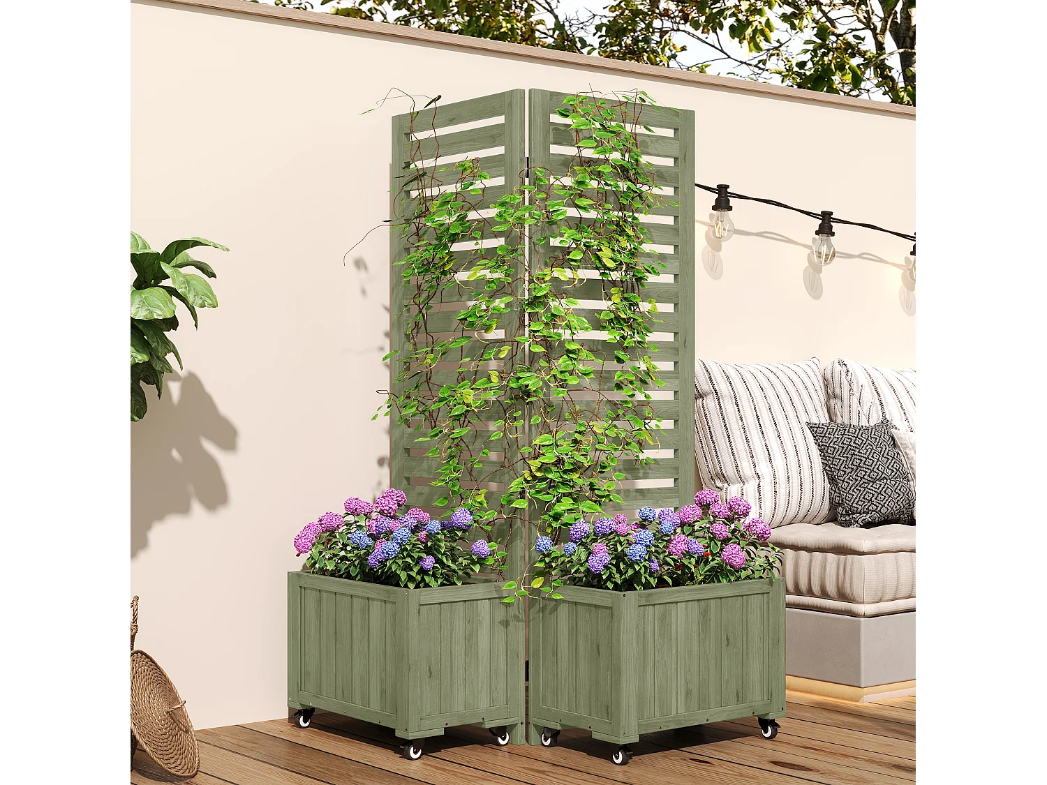 Pflanzkasten mit Rankgitter für Kletterpflanzen – 102,5 x 32 x 152,5 cm – mit klappbaren Rollen – Holz – grün