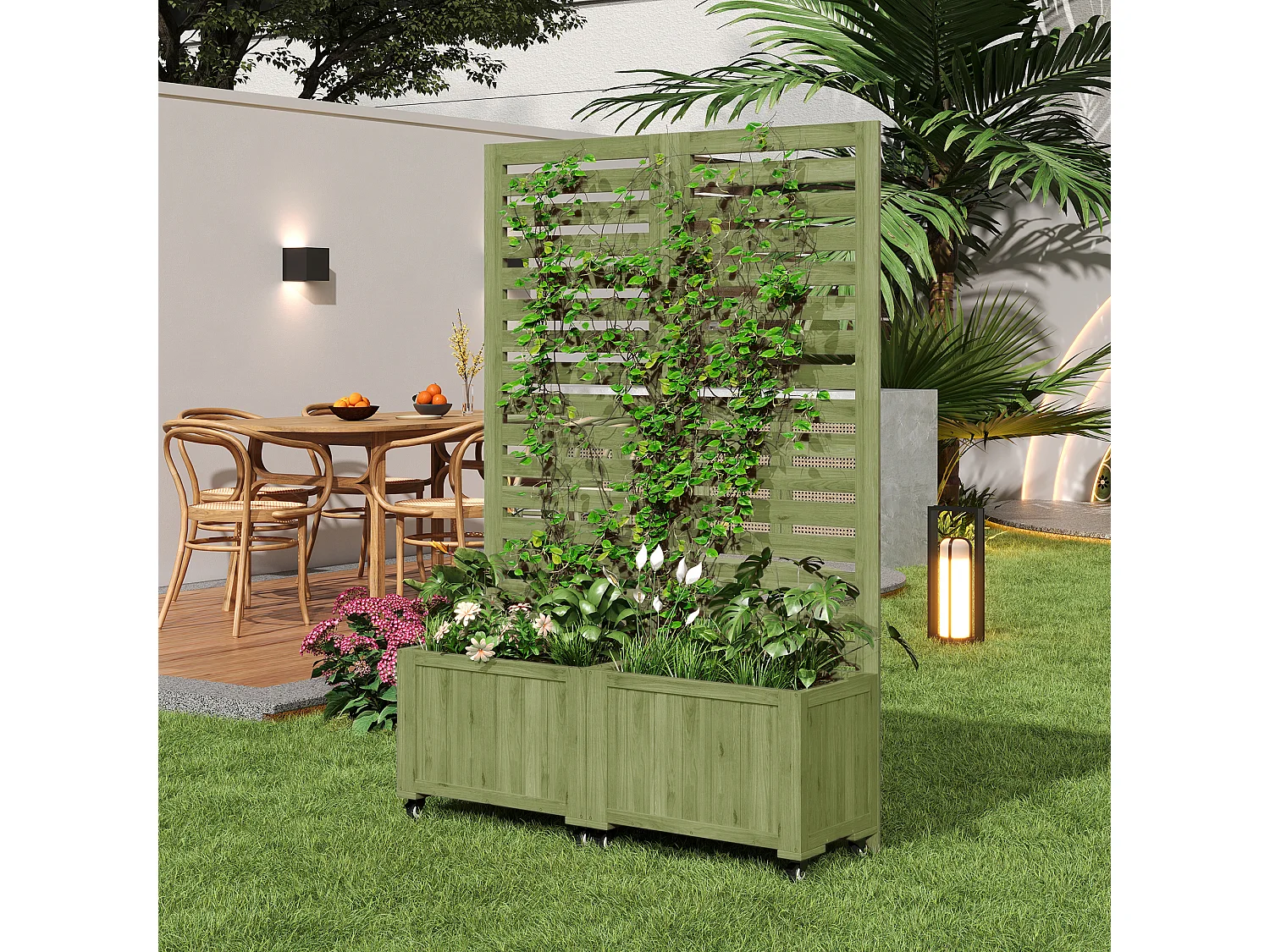 Pflanzkasten mit Rankgitter für Kletterpflanzen – 102,5 x 32 x 152,5 cm – mit klappbaren Rollen – Holz – grün