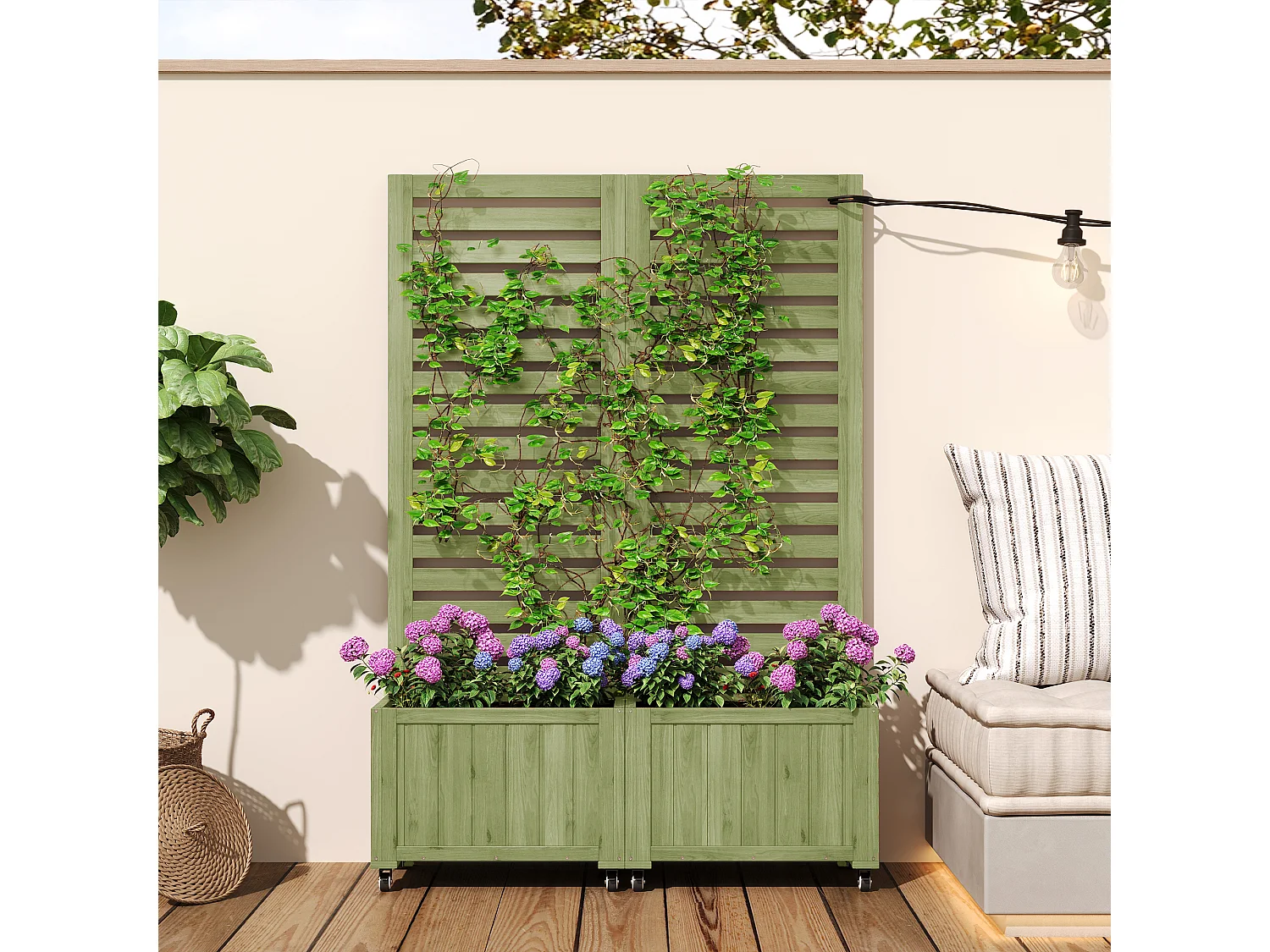 Pflanzkasten mit Rankgitter für Kletterpflanzen – 102,5 x 32 x 152,5 cm – mit klappbaren Rollen – Holz – grün