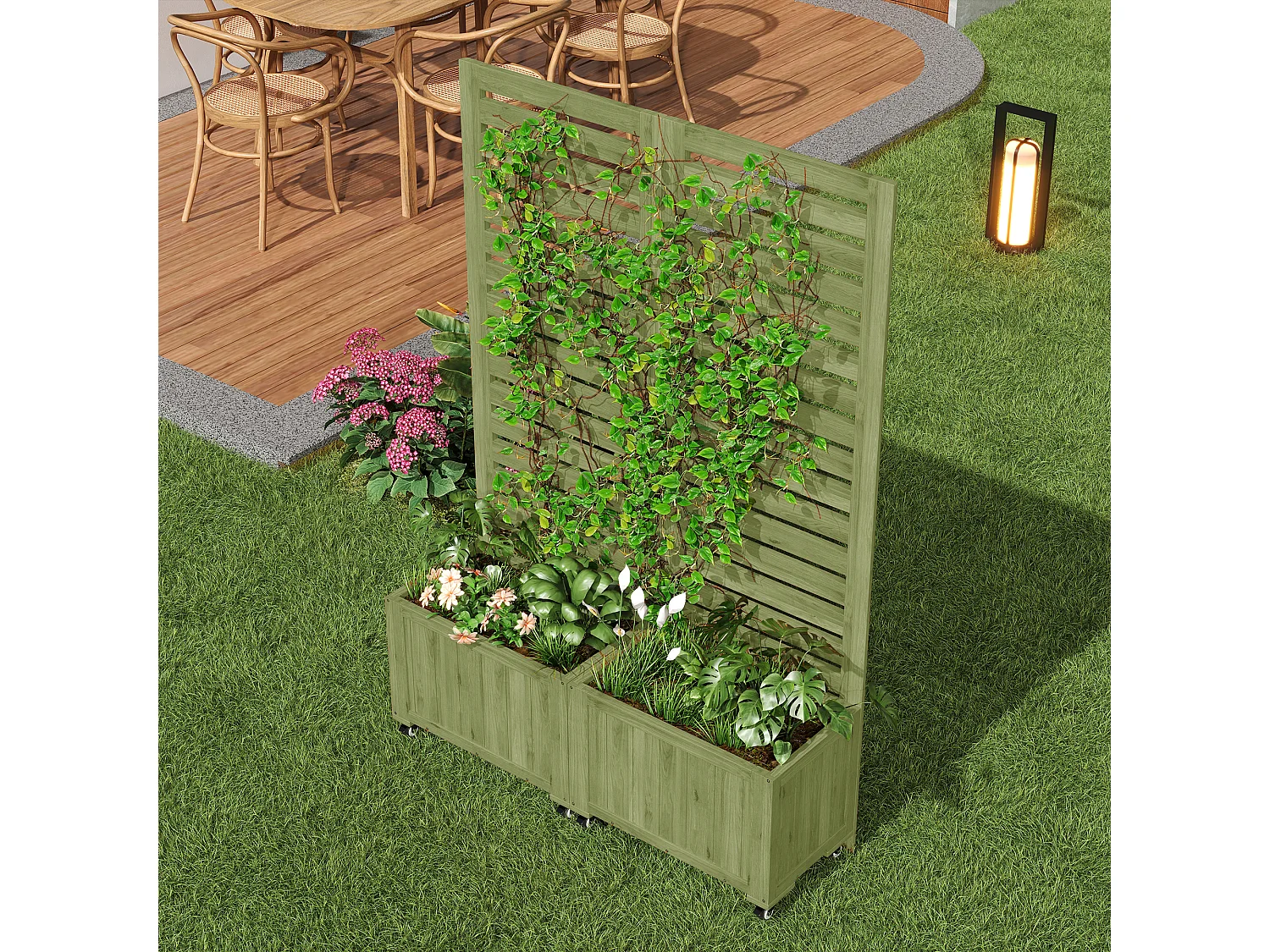 Pflanzkasten mit Rankgitter für Kletterpflanzen – 102,5 x 32 x 152,5 cm – mit klappbaren Rollen – Holz – grün