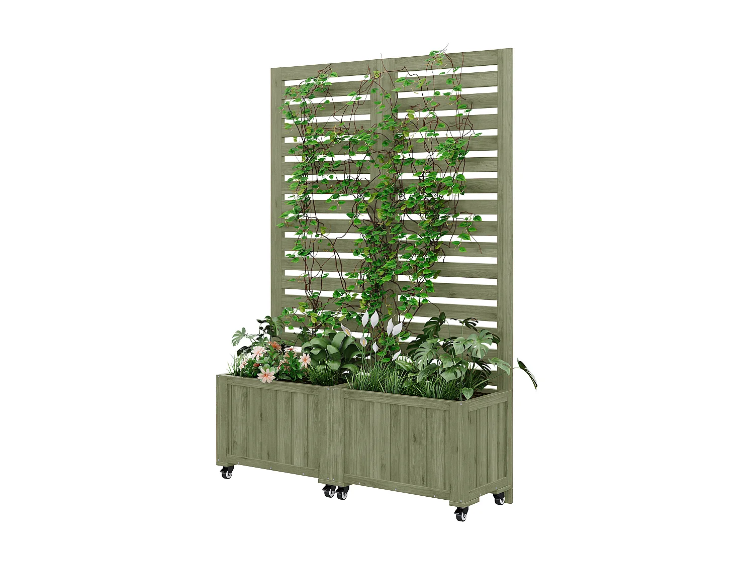 Pflanzkasten mit Rankgitter für Kletterpflanzen – 102,5 x 32 x 152,5 cm – mit klappbaren Rollen – Holz – grün