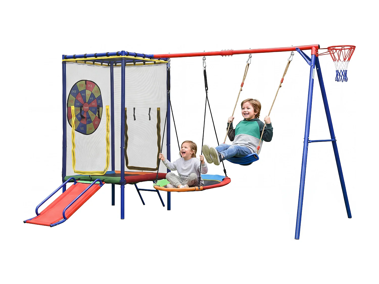 Kinderschaukel- und Rutschenset – 336 x 217 x 198 cm – mit Trampolin und Basketballkorb – Metall – farbenfroh