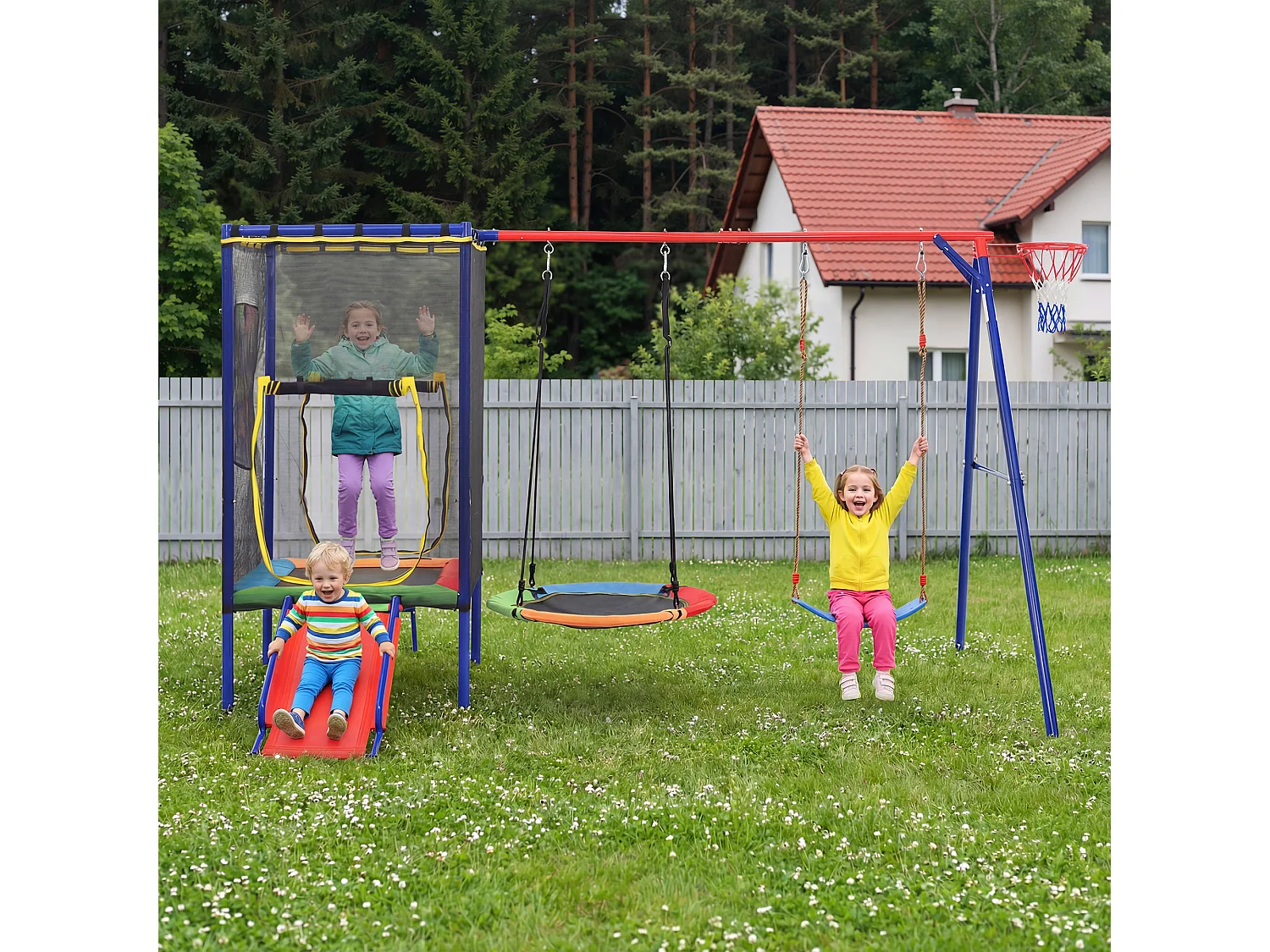 Kinderschaukel- und Rutschenset – 336 x 217 x 198 cm – mit Trampolin und Basketballkorb – Metall – farbenfroh