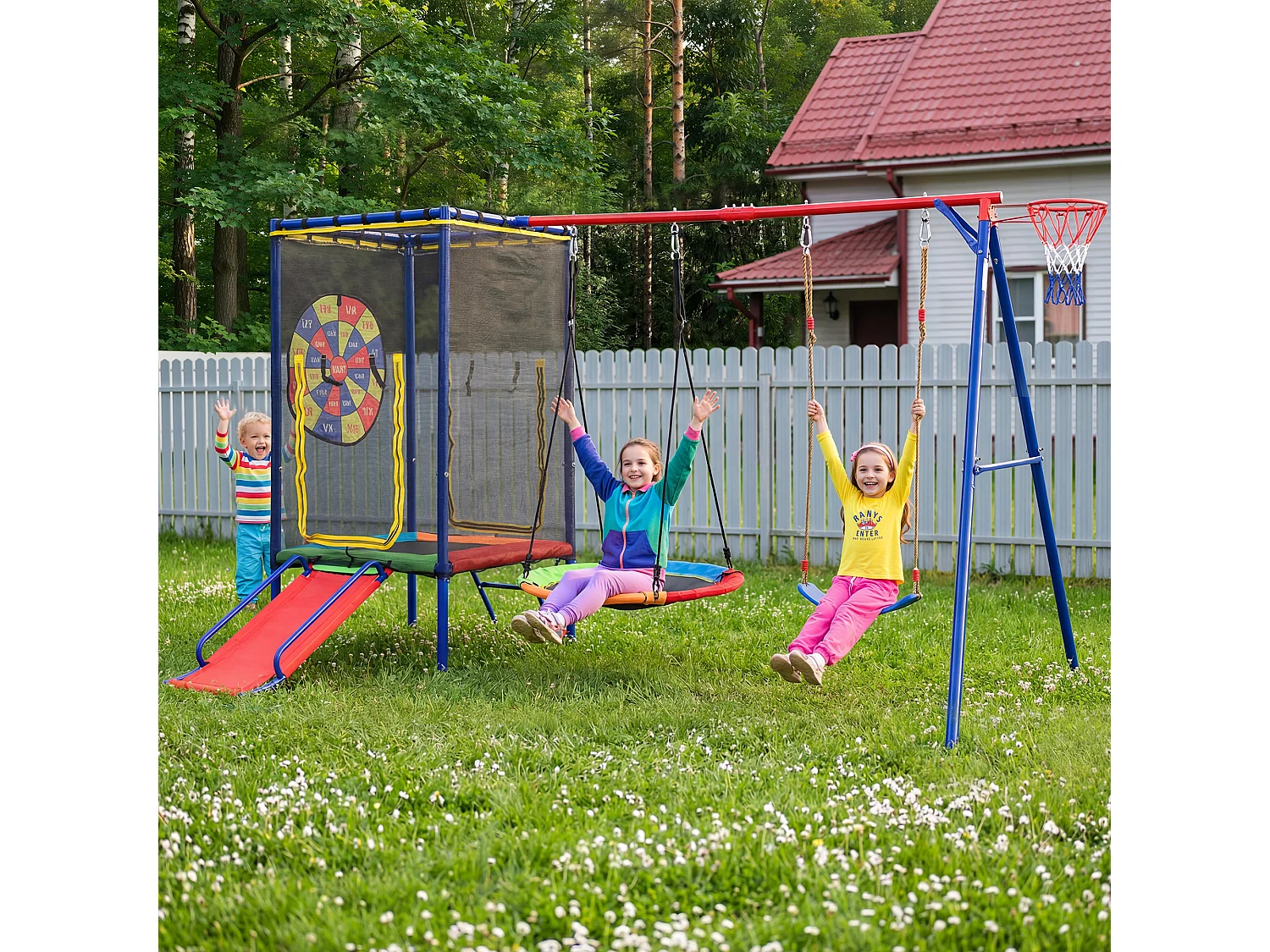 Kinderschaukel- und Rutschenset – 336 x 217 x 198 cm – mit Trampolin und Basketballkorb – Metall – farbenfroh