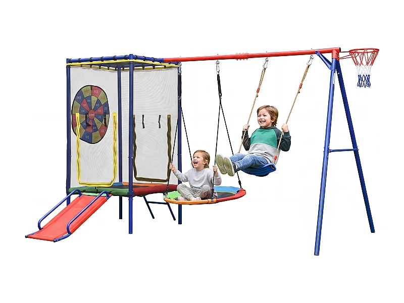 Kinderschaukel- und Rutschenset – 336 x 217 x 198 cm – mit Trampolin und Basketballkorb – Metall – farbenfroh