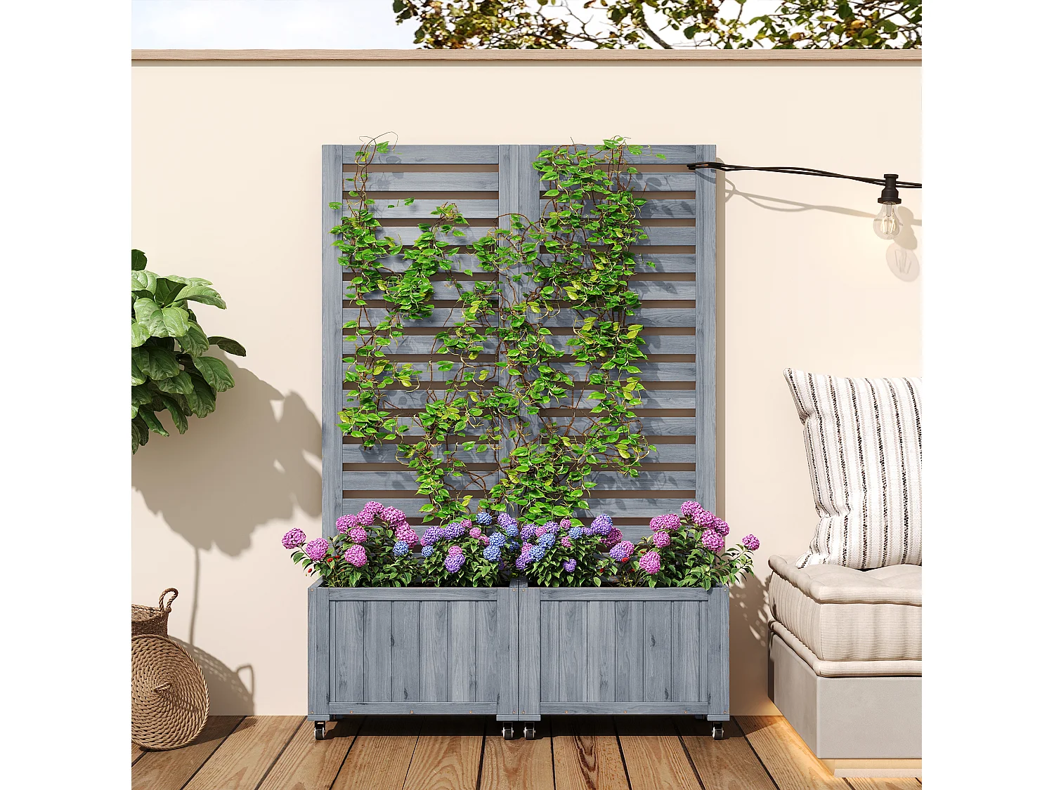 Pflanzkasten mit Rankgitter für Kletterpflanzen – 102,5 x 32 x 152,5 cm – mit klappbaren Rollen – Holz – grau