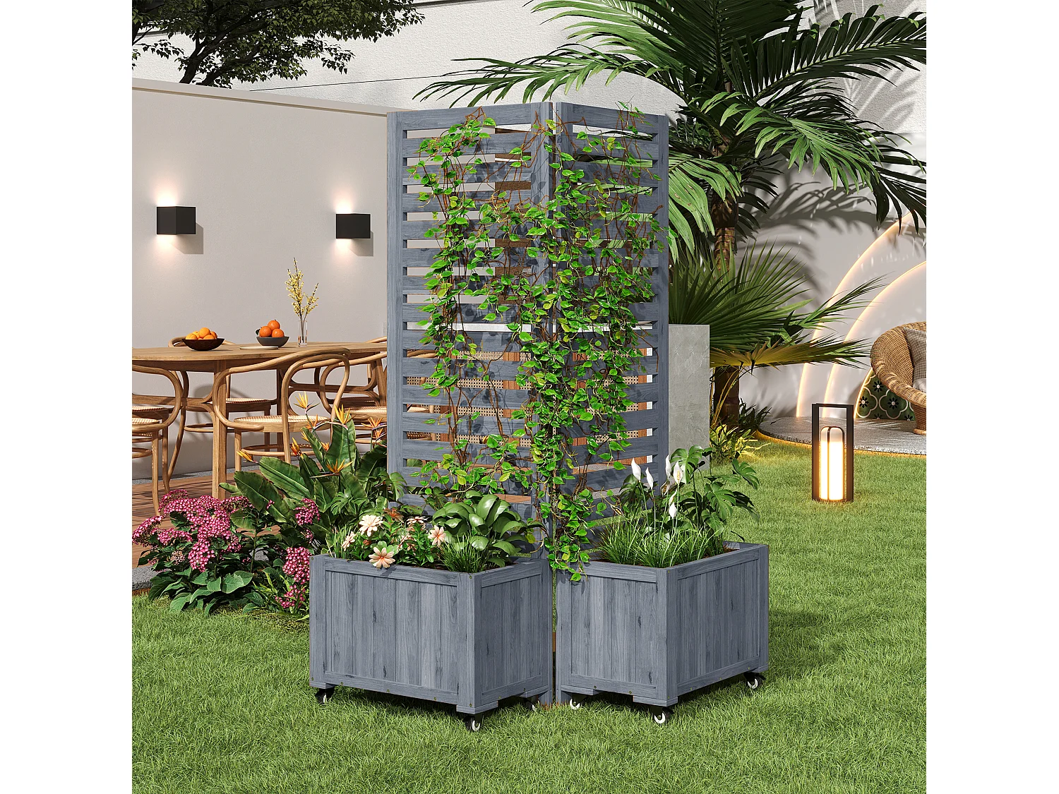 Pflanzkasten mit Rankgitter für Kletterpflanzen – 102,5 x 32 x 152,5 cm – mit klappbaren Rollen – Holz – grau