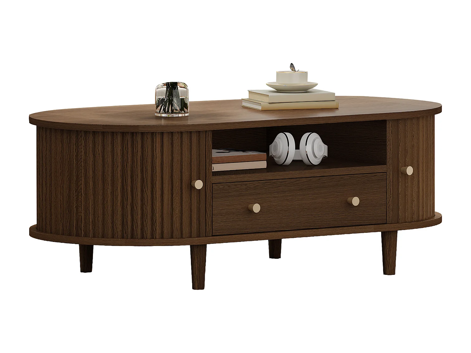 Table basse de salon - 100 x 50 x 36 cm - avec tiroir + rangement ouvert + portes coulissantes - MDF - marron