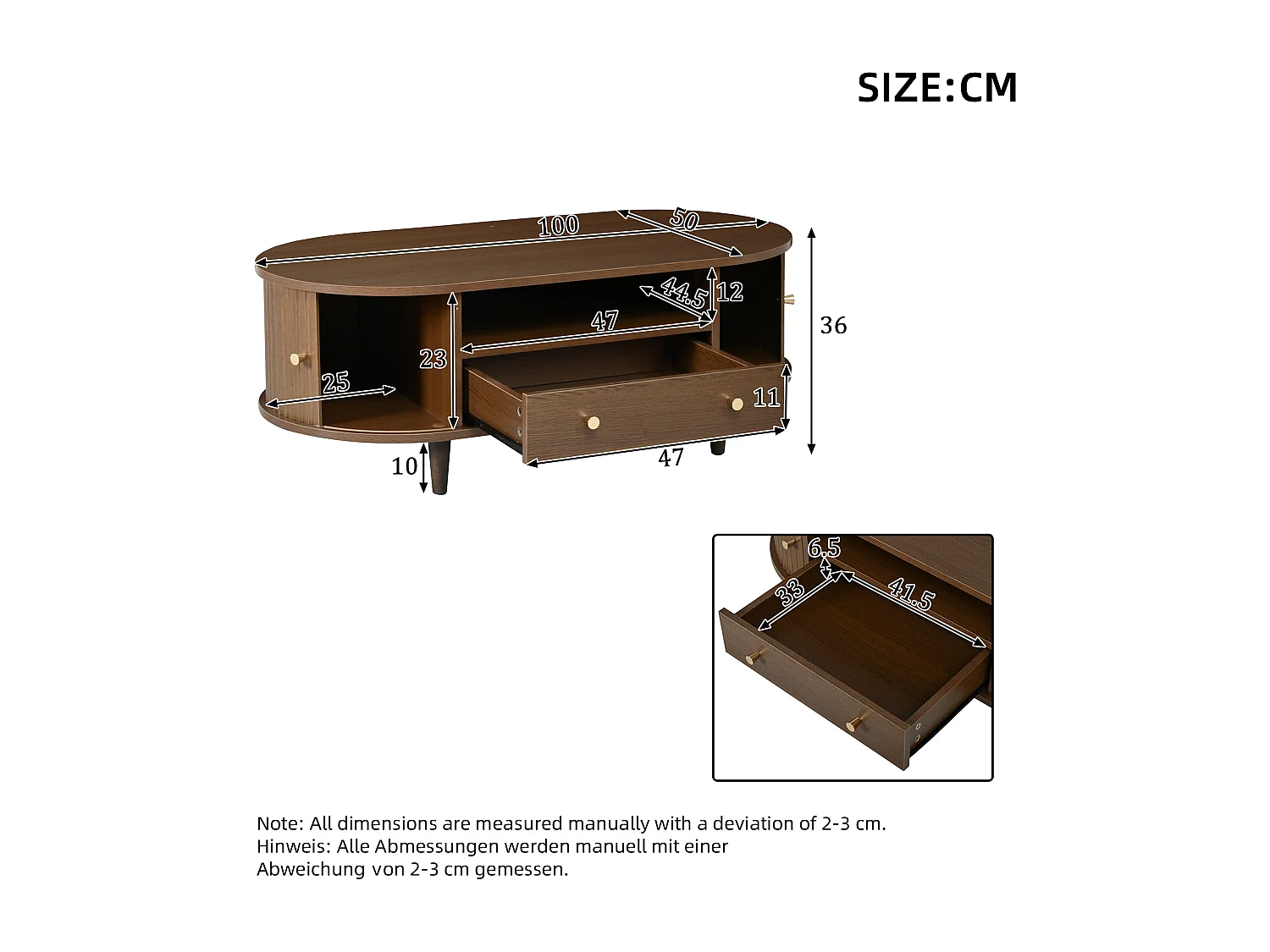 Table basse de salon - 100 x 50 x 36 cm - avec tiroir + rangement ouvert + portes coulissantes - MDF - marron