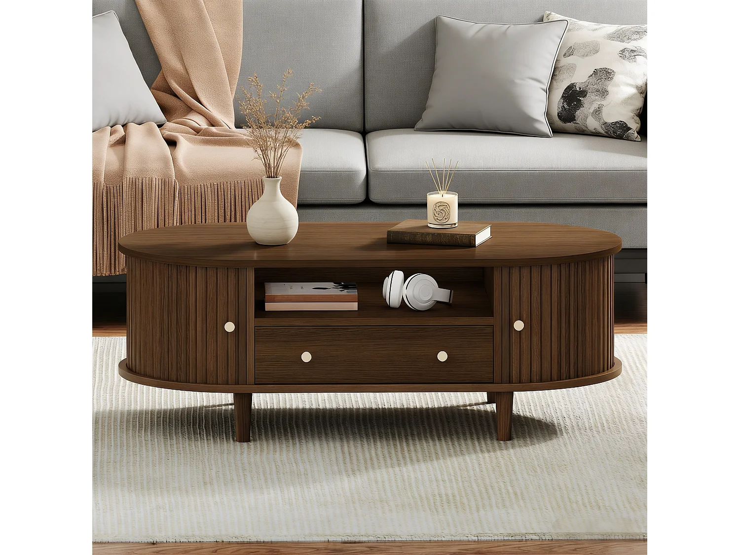 Table basse de salon - 100 x 50 x 36 cm - avec tiroir + rangement ouvert + portes coulissantes - MDF - marron