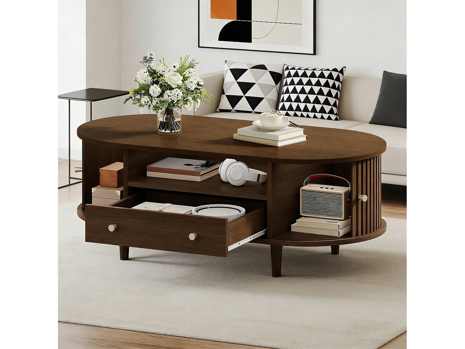 Table basse de salon - 100 x 50 x 36 cm - avec tiroir + rangement ouvert + portes coulissantes - MDF - marron