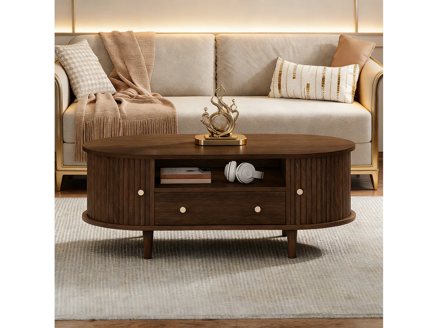 Table basse de salon - 100 x 50 x 36 cm - avec tiroir + rangement ouvert + portes coulissantes - MDF - marron