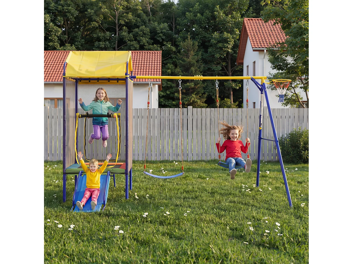 Kinderschaukel- und Rutschenset – 336 x 217 x 238 cm – mit Trampolin und Basketballkorb – Metall – farbenfroh