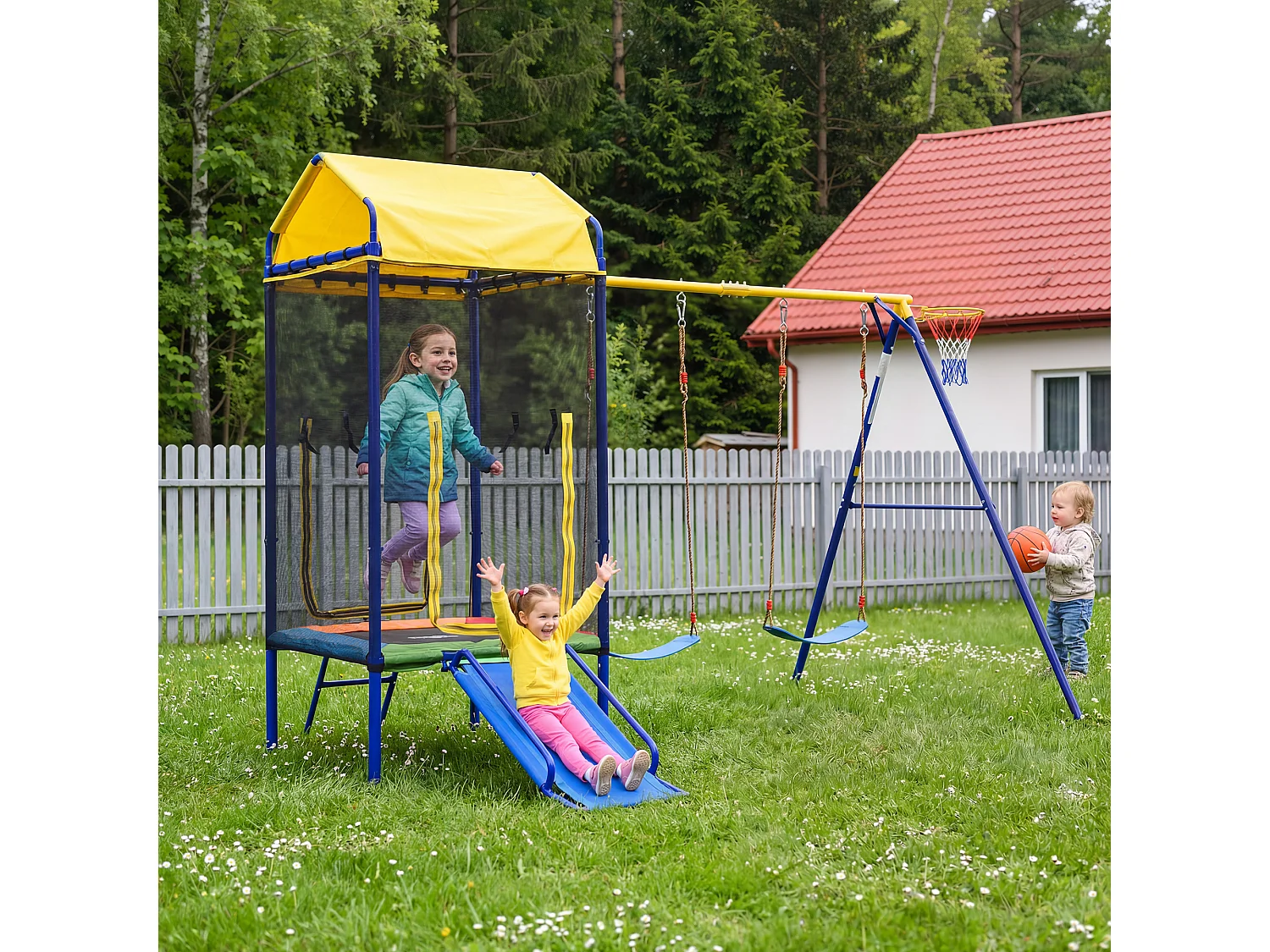 Kinderschaukel- und Rutschenset – 336 x 217 x 238 cm – mit Trampolin und Basketballkorb – Metall – farbenfroh