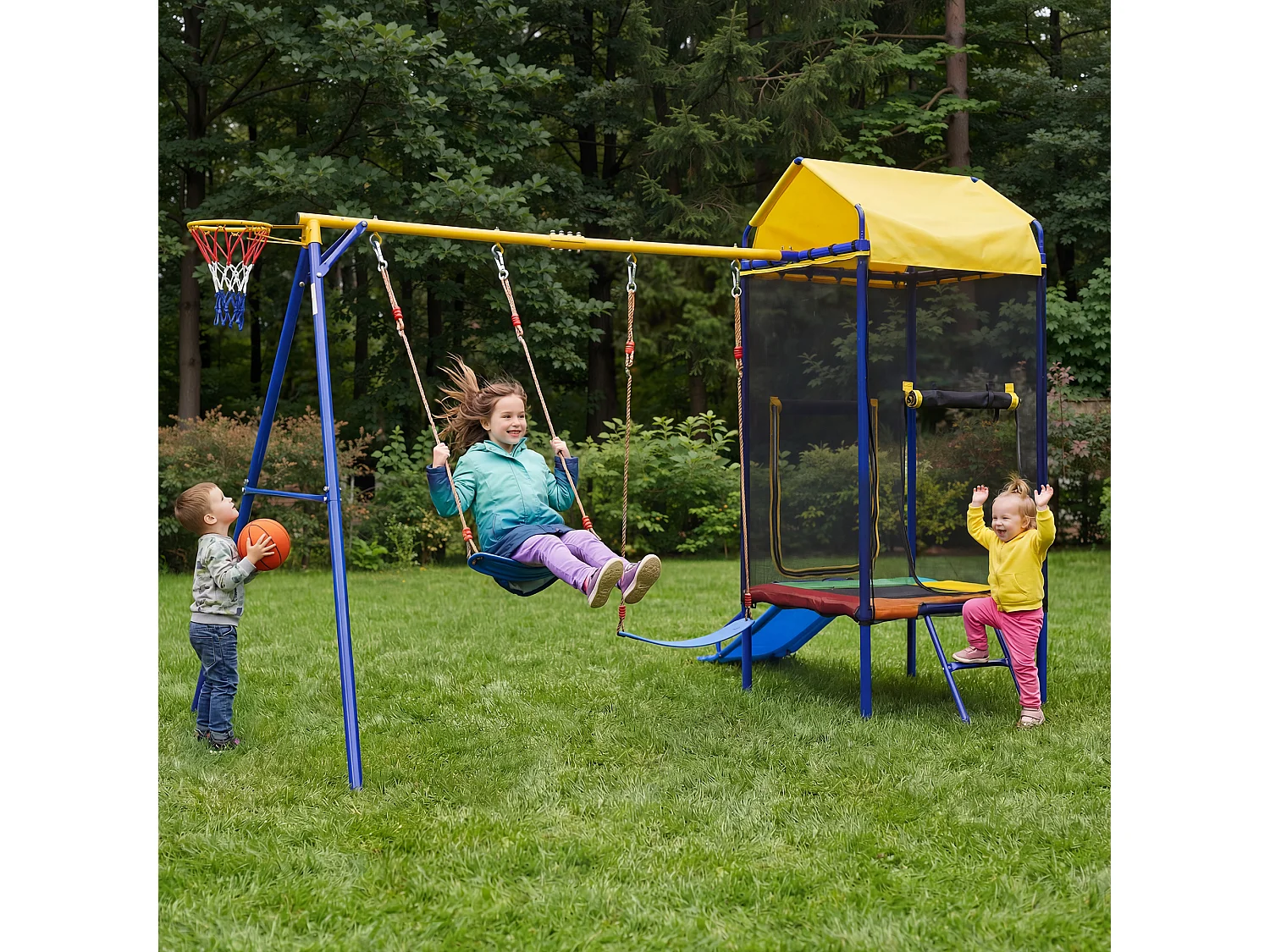 Kinderschaukel- und Rutschenset – 336 x 217 x 238 cm – mit Trampolin und Basketballkorb – Metall – farbenfroh