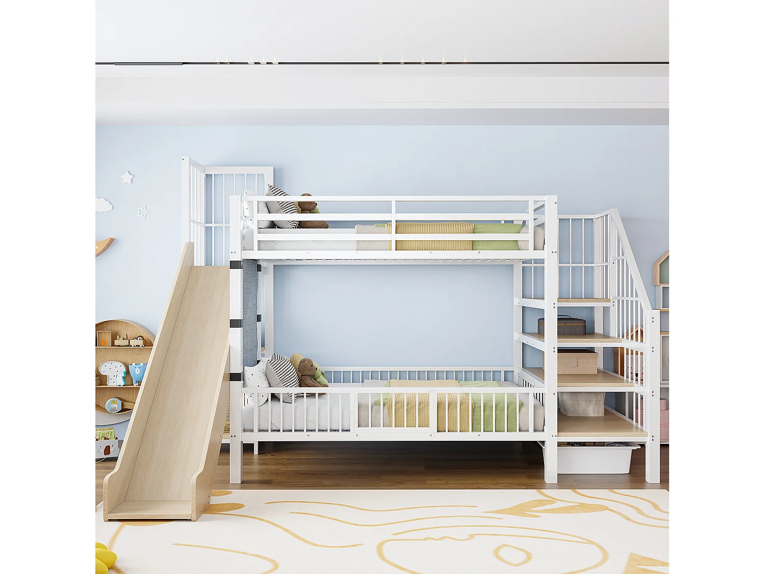 Lit superposé en métal pour enfant - 2 x 90 x 200 cm - avec toboggan + escalier de rangement + étagères intégrées - blanc