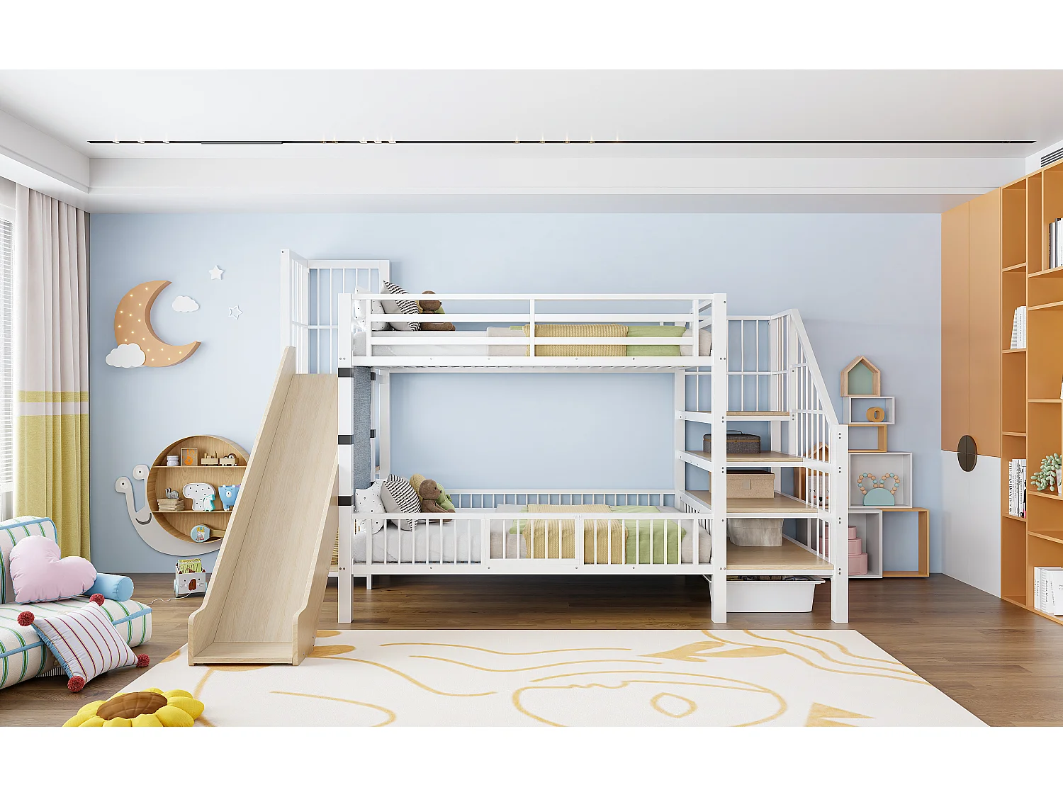Lit superposé en métal pour enfant - 2 x 90 x 200 cm - avec toboggan + escalier de rangement + étagères intégrées - blanc