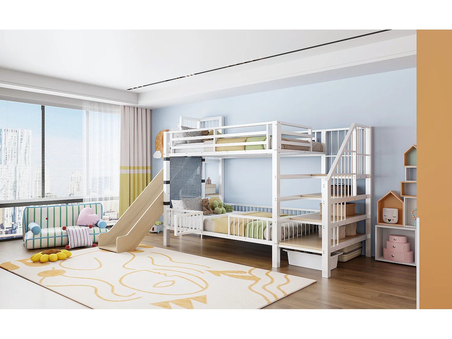 Lit superposé en métal pour enfant - 2 x 90 x 200 cm - avec toboggan + escalier de rangement + étagères intégrées - blanc