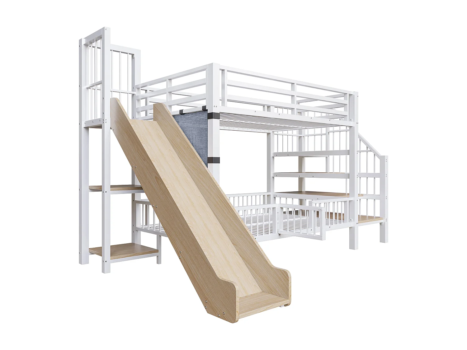 Lit superposé en métal pour enfant - 2 x 90 x 200 cm - avec toboggan + escalier de rangement + étagères intégrées - blanc