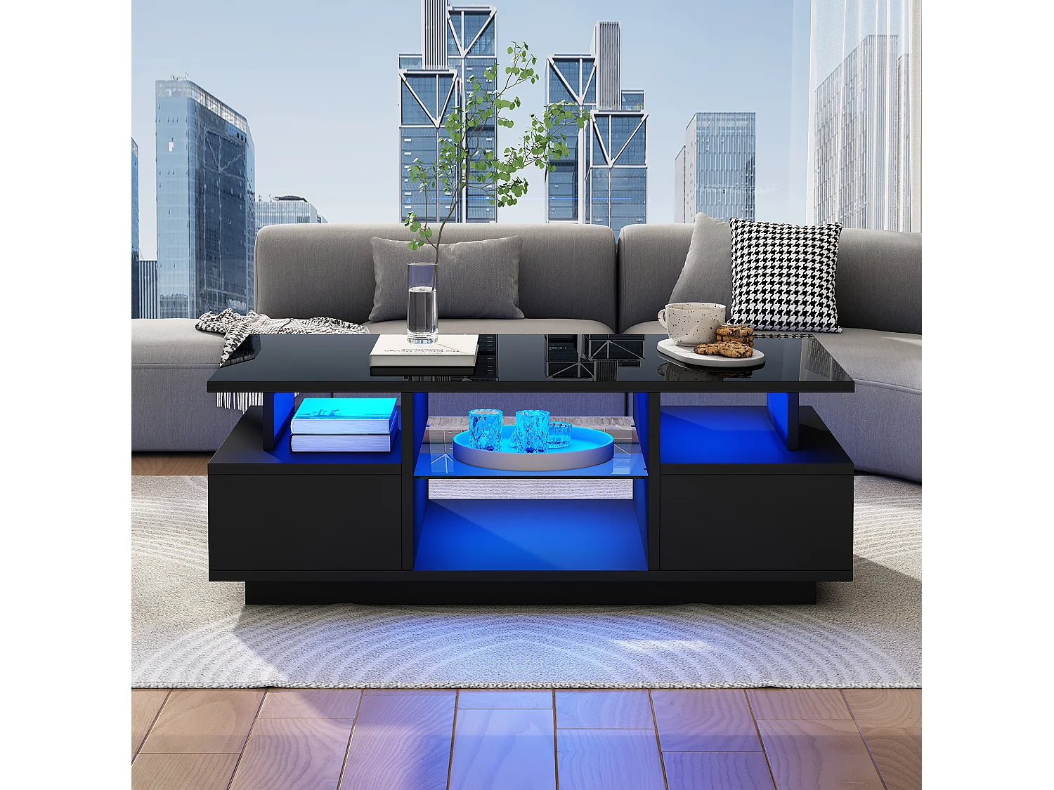 Table basse laquée brillante - 100 x 50 x 36 cm - avec 2 tiroirs + Leds + rangement ouvert + séparation en verre - aggloméré - noir