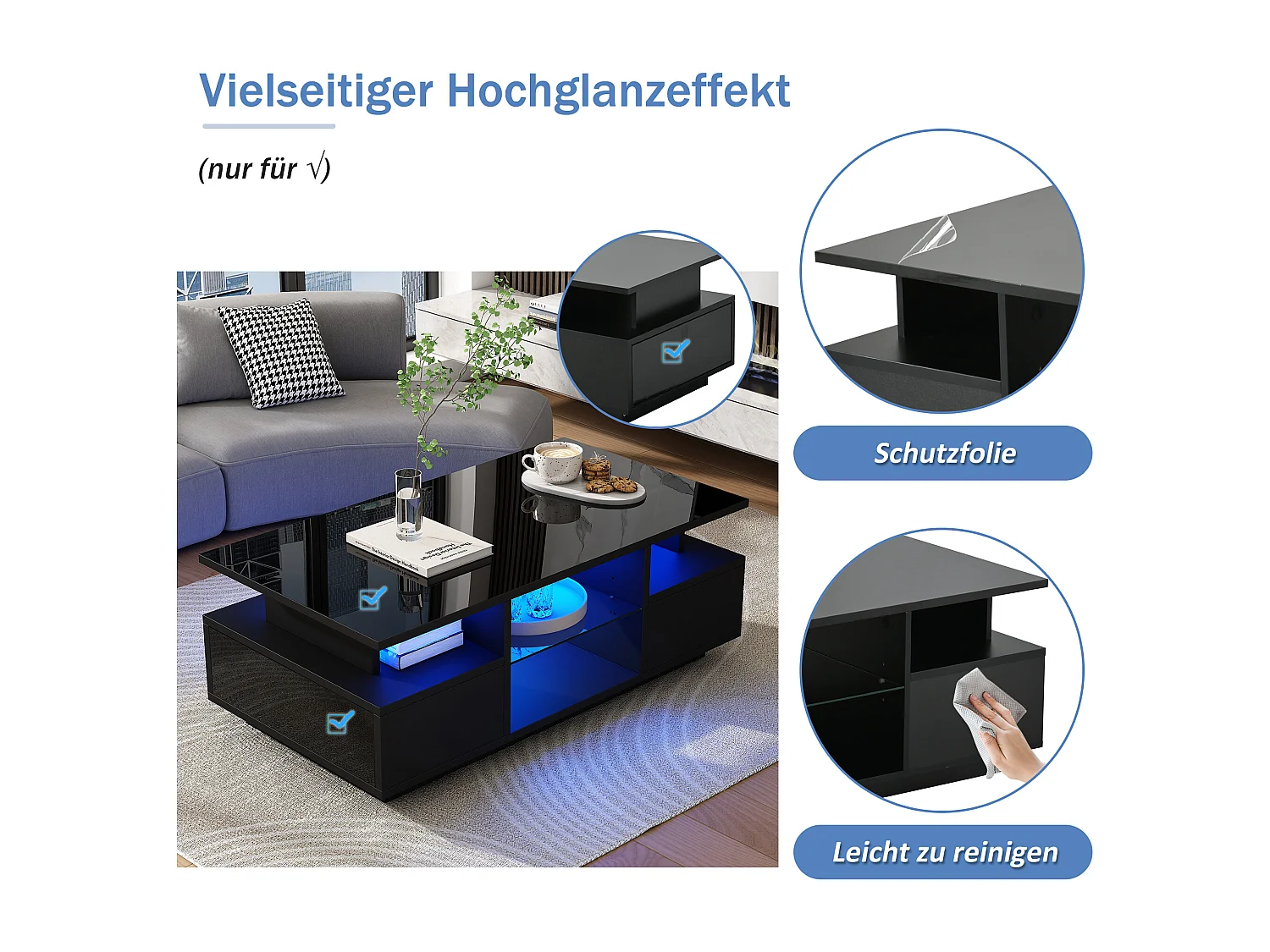 Table basse laquée brillante - 100 x 50 x 36 cm - avec 2 tiroirs + Leds + rangement ouvert + séparation en verre - aggloméré - noir