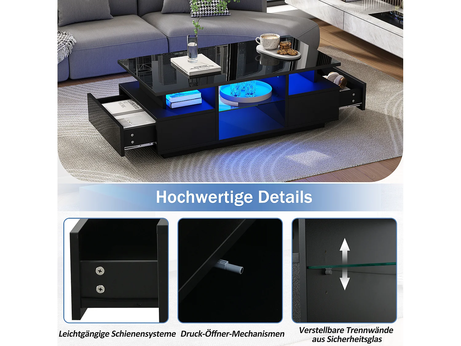 Table basse laquée brillante - 100 x 50 x 36 cm - avec 2 tiroirs + Leds + rangement ouvert + séparation en verre - aggloméré - noir