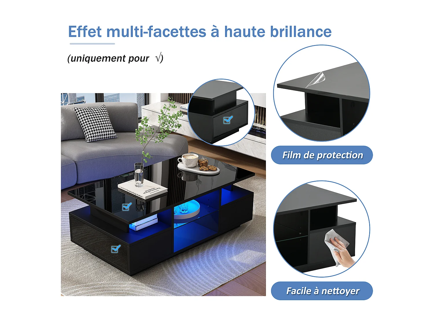 Table basse laquée brillante - 100 x 50 x 36 cm - avec 2 tiroirs + Leds + rangement ouvert + séparation en verre - aggloméré - noir