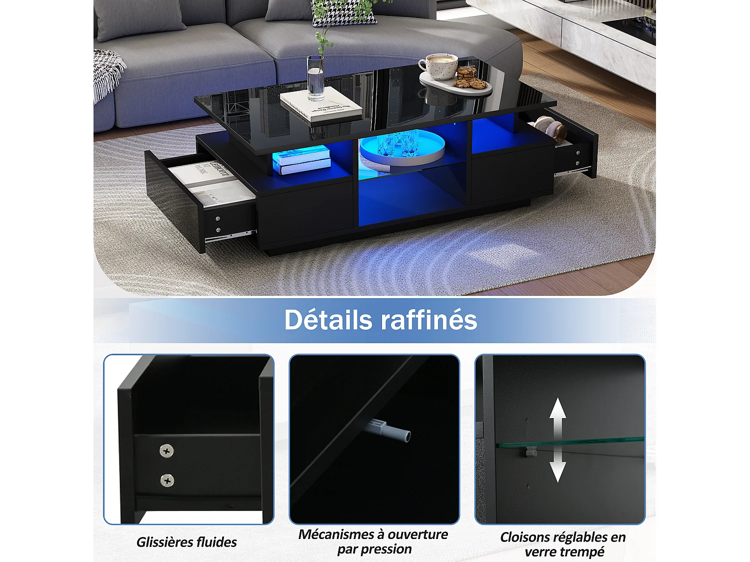 Table basse laquée brillante - 100 x 50 x 36 cm - avec 2 tiroirs + Leds + rangement ouvert + séparation en verre - aggloméré - noir