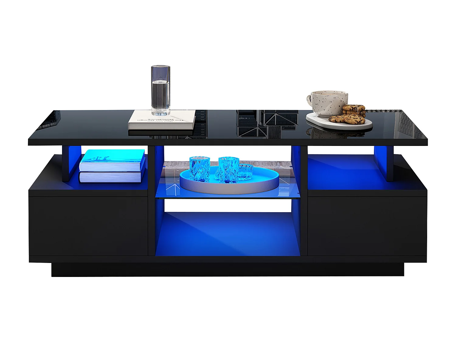 Table basse laquée brillante - 100 x 50 x 36 cm - avec 2 tiroirs + Leds + rangement ouvert + séparation en verre - aggloméré - noir