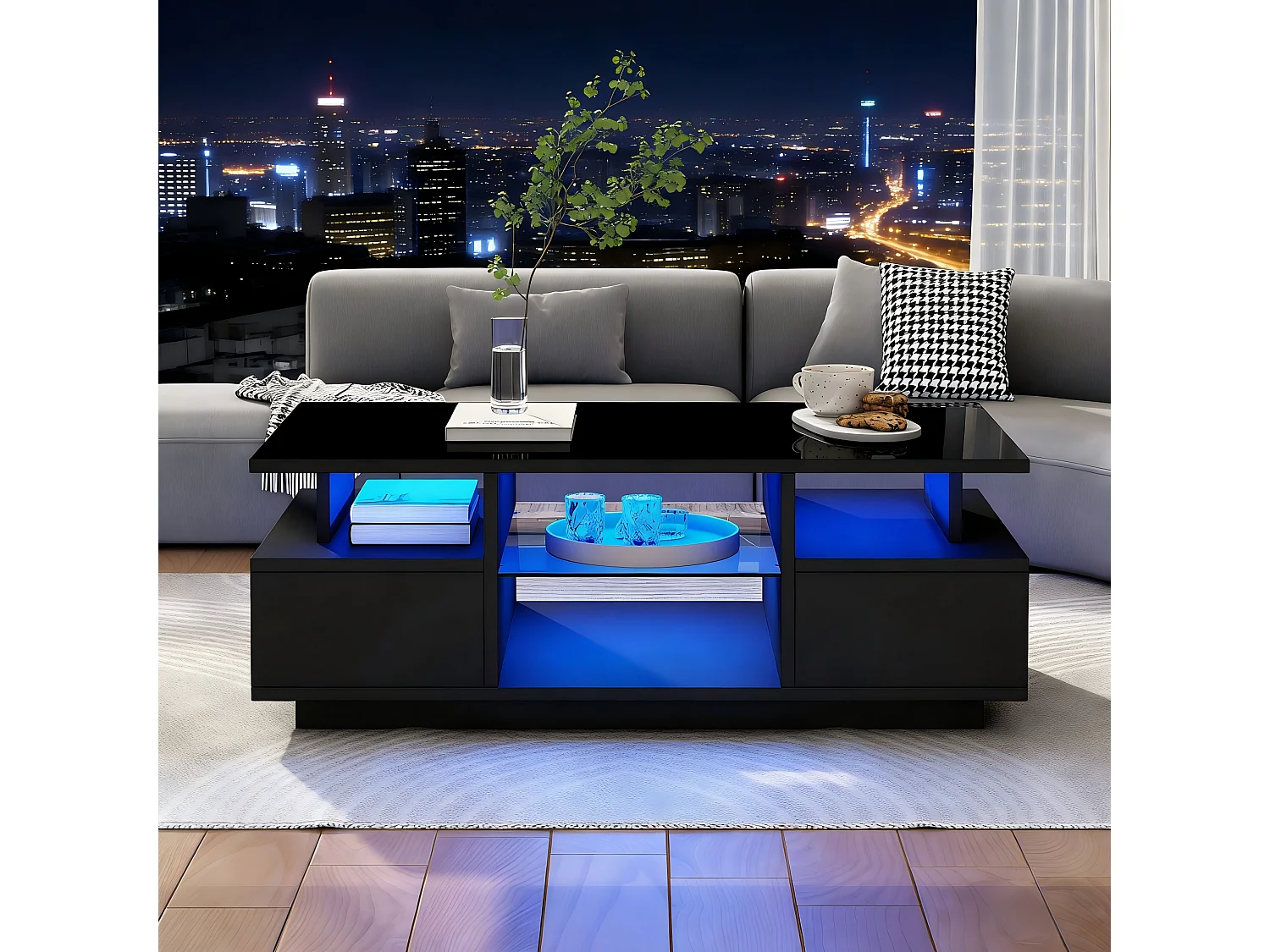Table basse laquée brillante - 100 x 50 x 36 cm - avec 2 tiroirs + Leds + rangement ouvert + séparation en verre - aggloméré - noir