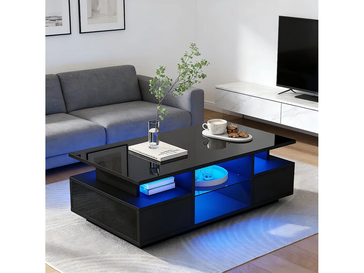 Table basse laquée brillante - 100 x 50 x 36 cm - avec 2 tiroirs + Leds + rangement ouvert + séparation en verre - aggloméré - noir