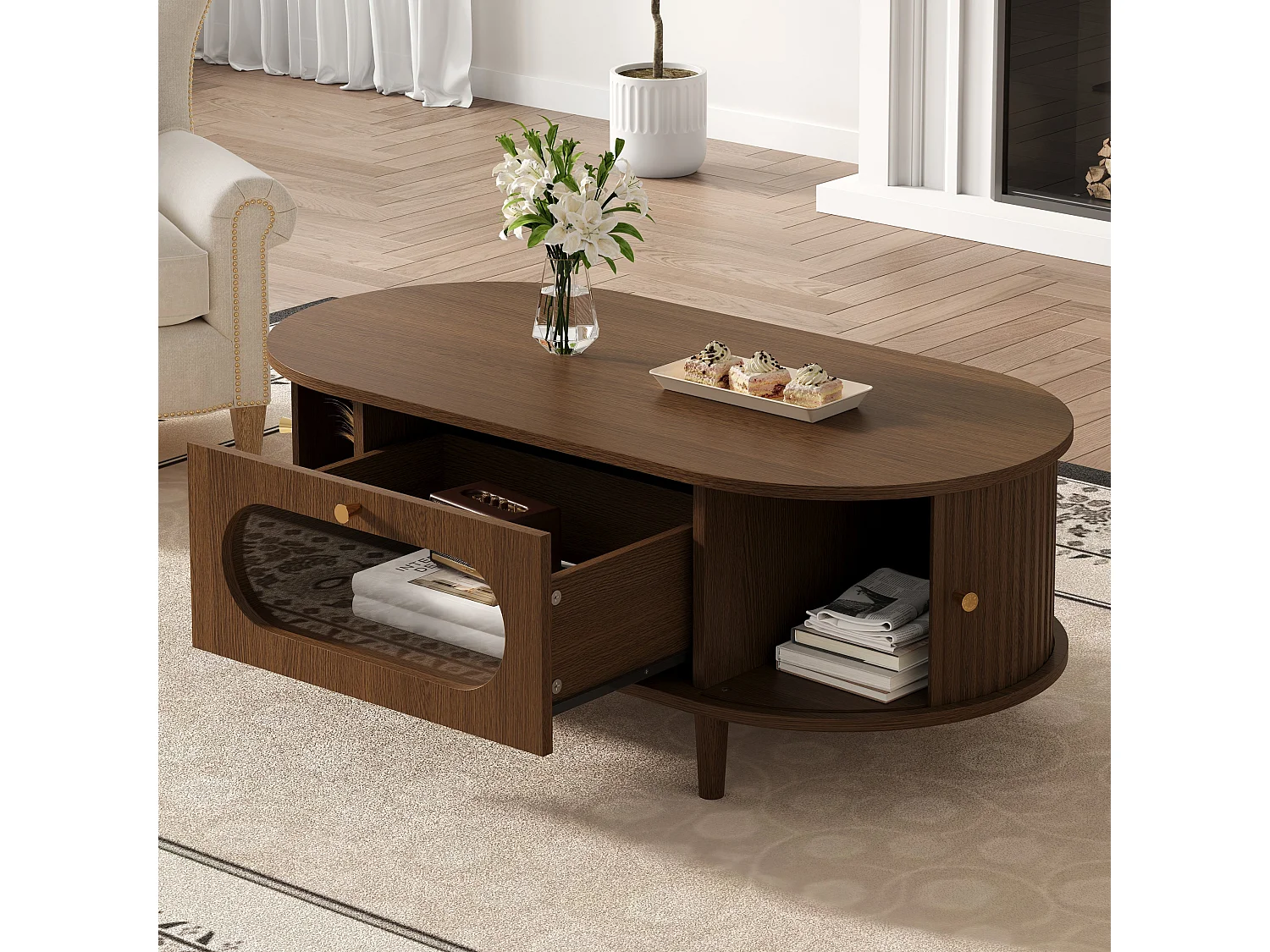 Table basse de salon - 100 x 50 x 36 cm - avec 1 tiroir + portes coulissantes - MDF - marron