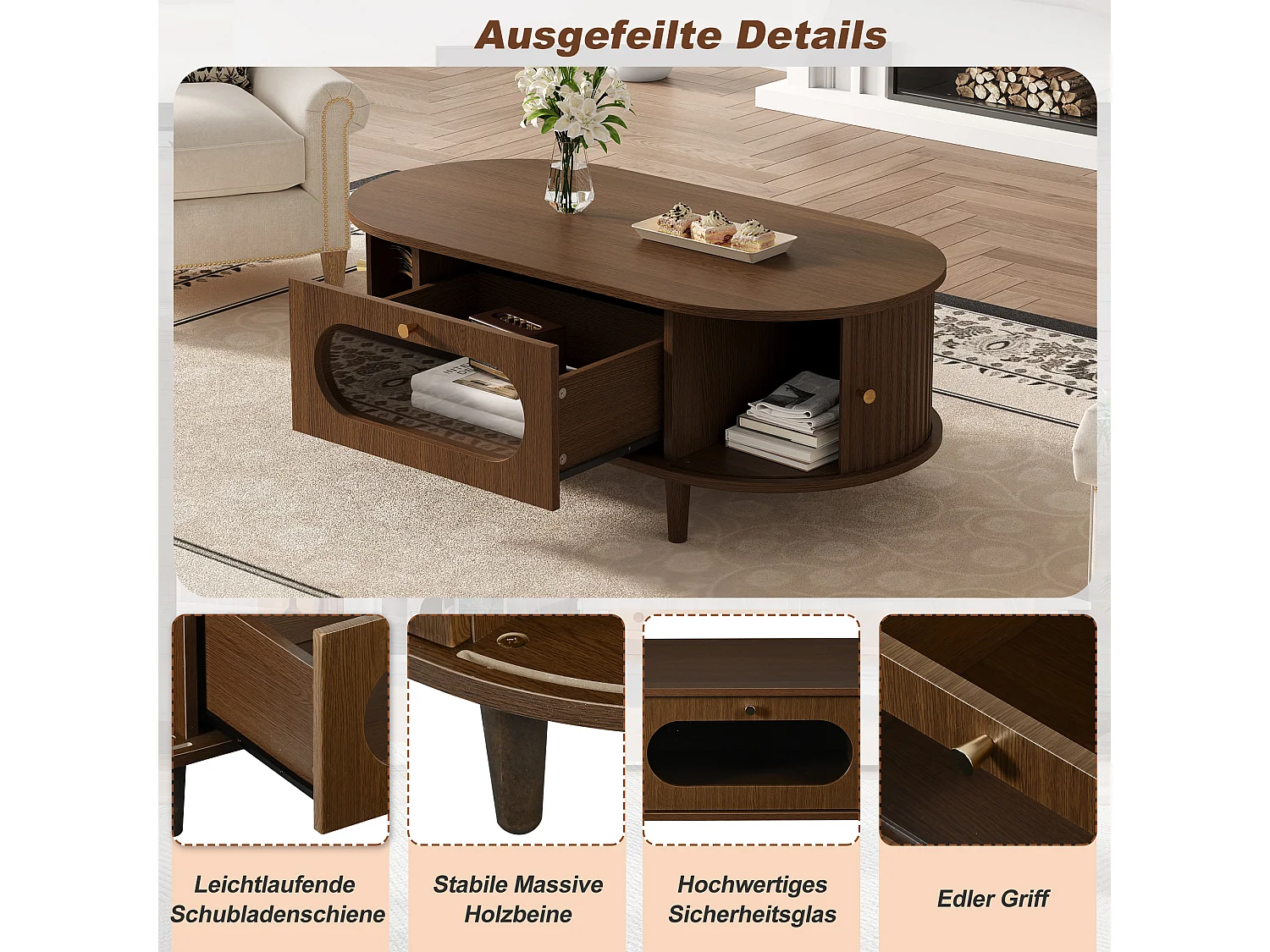 Table basse de salon - 100 x 50 x 36 cm - avec 1 tiroir + portes coulissantes - MDF - marron