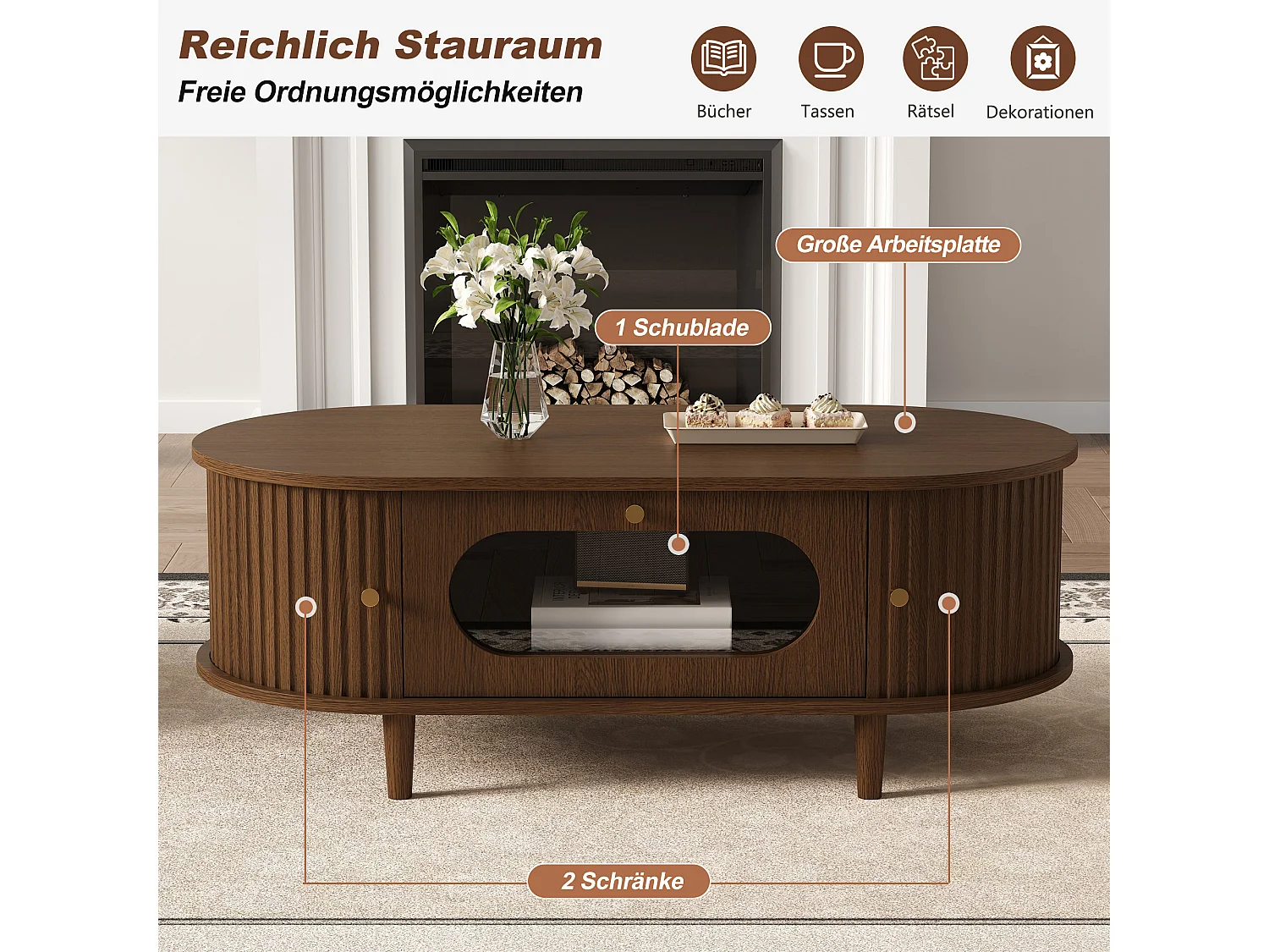 Table basse de salon - 100 x 50 x 36 cm - avec 1 tiroir + portes coulissantes - MDF - marron