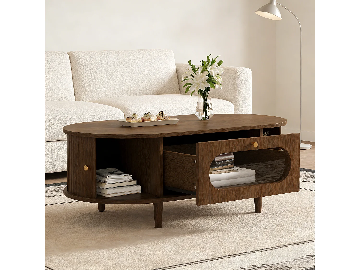 Table basse de salon - 100 x 50 x 36 cm - avec 1 tiroir + portes coulissantes - MDF - marron