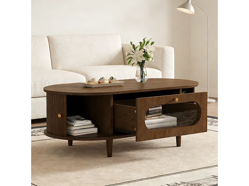 Table basse de salon - 100 x 50 x 36 cm - avec 1 tiroir + portes coulissantes - MDF - marron