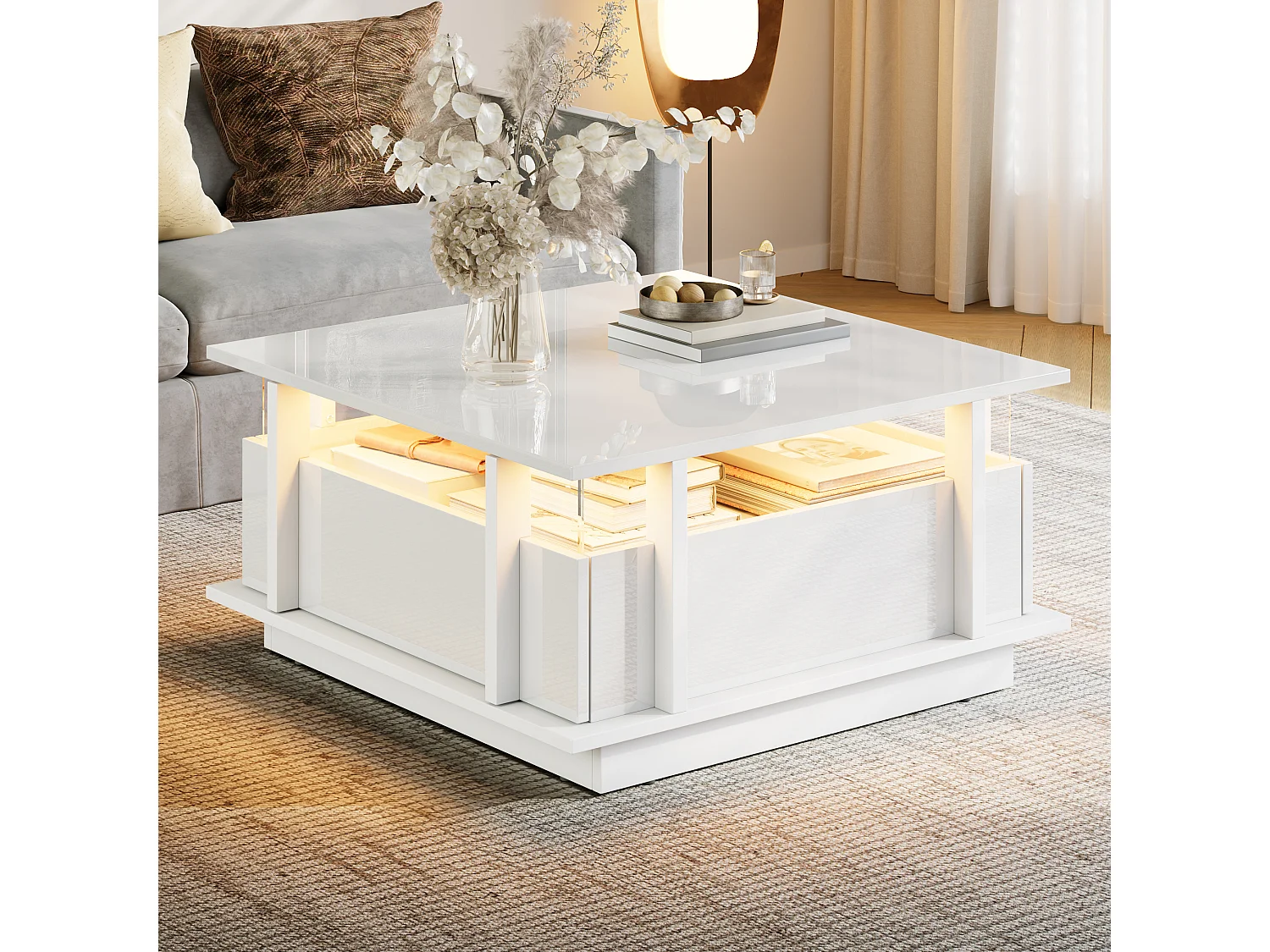 Table basse laquée brillante - 70 x 70 x 35 cm - avec 2 tiroirs + Leds + séparateur en acrylique transparent - aggloméré - blanc