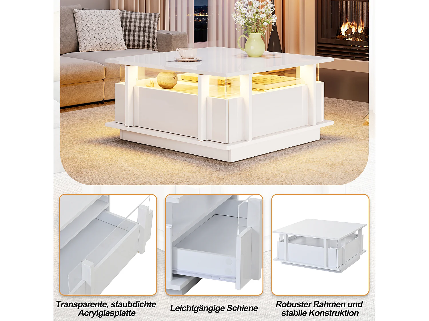 Table basse laquée brillante - 70 x 70 x 35 cm - avec 2 tiroirs + Leds + séparateur en acrylique transparent - aggloméré - blanc