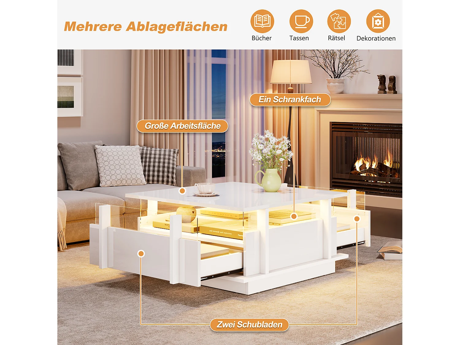 Table basse laquée brillante - 70 x 70 x 35 cm - avec 2 tiroirs + Leds + séparateur en acrylique transparent - aggloméré - blanc