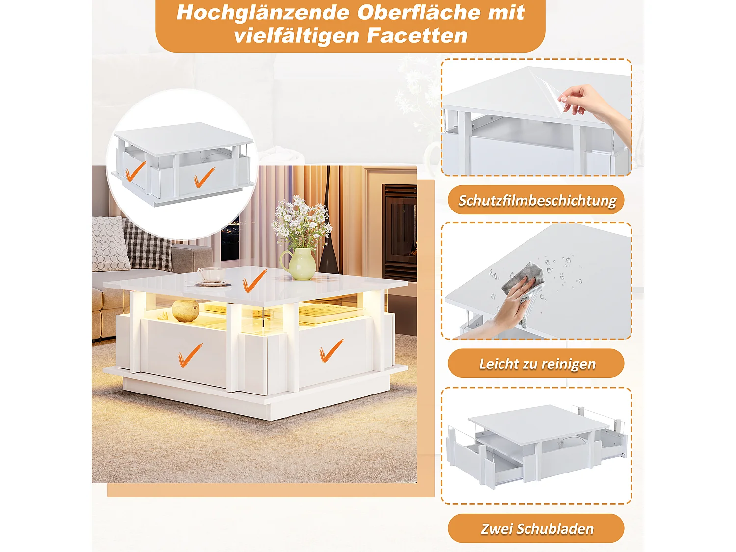 Table basse laquée brillante - 70 x 70 x 35 cm - avec 2 tiroirs + Leds + séparateur en acrylique transparent - aggloméré - blanc