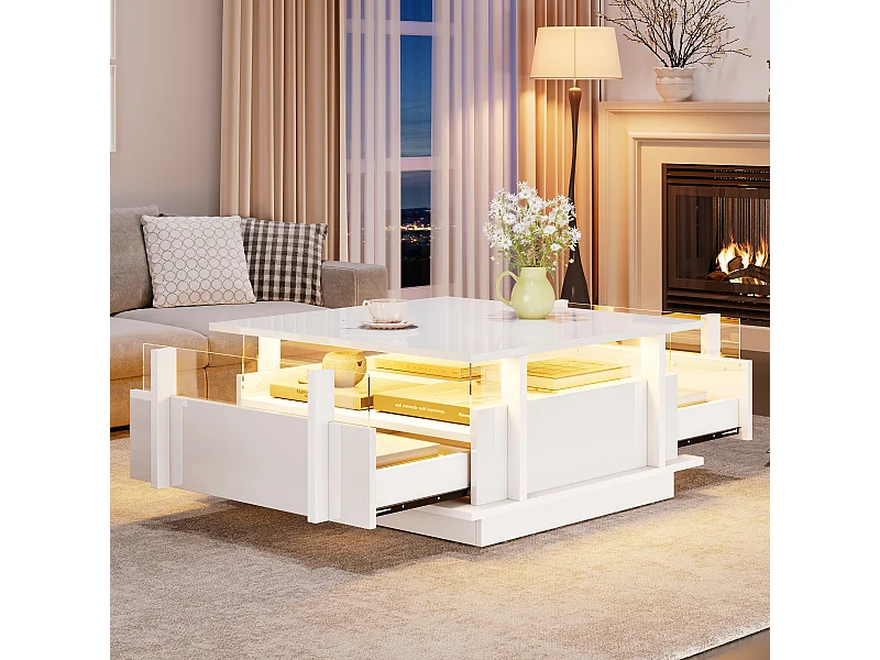 Table basse laquée brillante - 70 x 70 x 35 cm - avec 2 tiroirs + Leds + séparateur en acrylique transparent - aggloméré - blanc