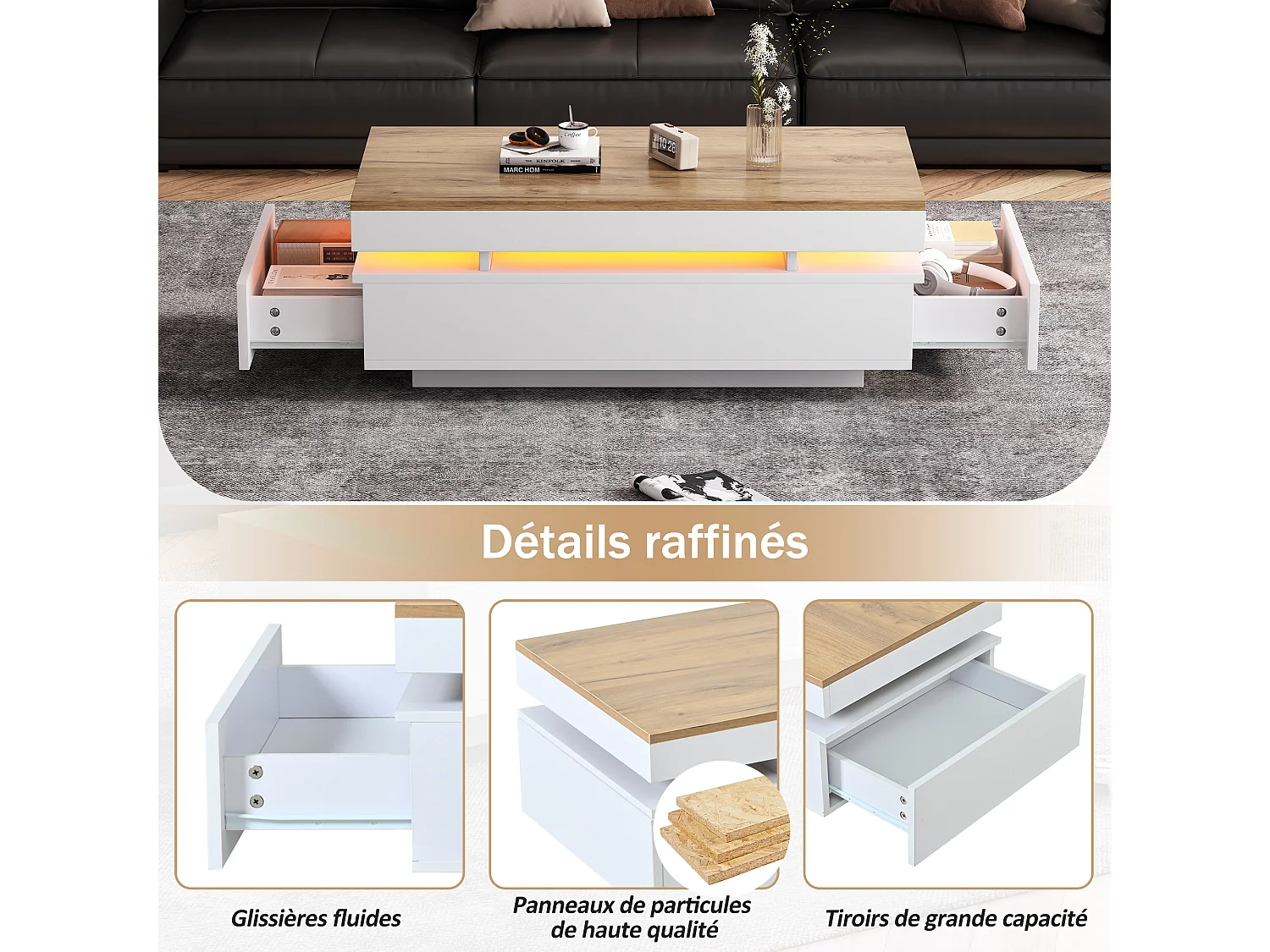 Table basse laquée brillante moderne - 100 x 50 x 35 cm - avec 2 tiroirs + Leds - aggloméré - blanc + naturel