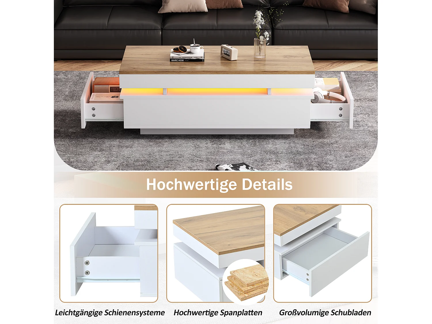 Table basse laquée brillante moderne - 100 x 50 x 35 cm - avec 2 tiroirs + Leds - aggloméré - blanc + naturel